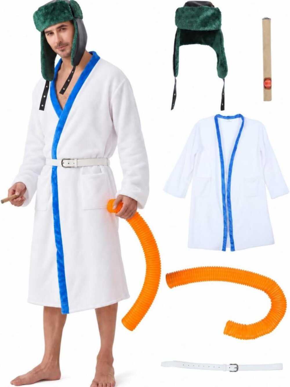 Festive Cousin Costume Set - 5PC White Robe & Trapper Hat for Men, Holiday Fun